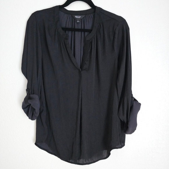 Simply Vera‎ Wang Black Long Sleeve V-Neck Blouse Top Size L Roll Sleeves - Picture 10 of 11